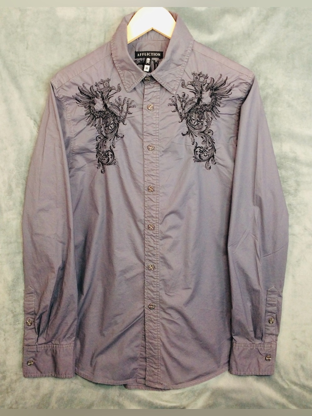 Affliction Men's Lavender Gray Embroidered Button-Down Shirt